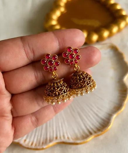 Ruby Kemp Floral Jhumkas with Pearl Beads